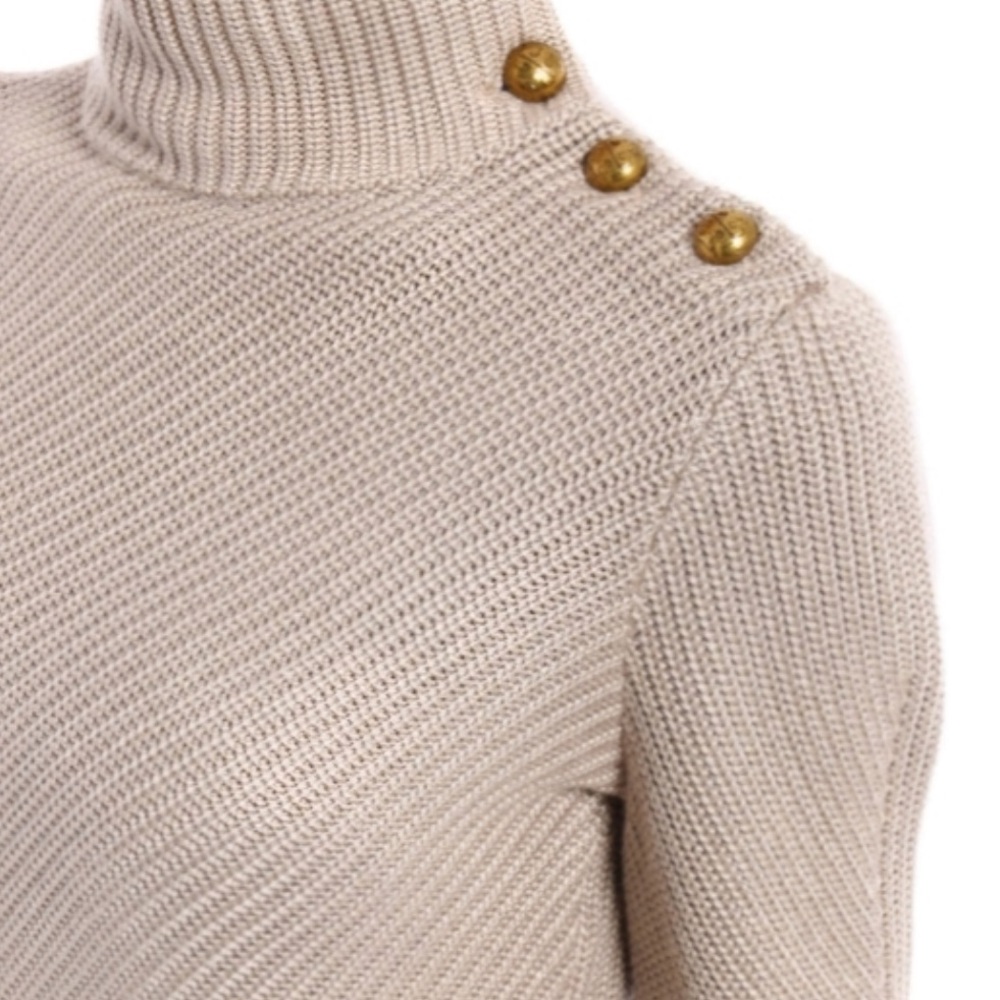 TORY BURCH Merino Wool Beige Button-Shoulder Knit Sweater Dress Small